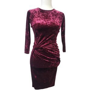 River Island Crushed Velvet Long Sleeve Dress in Rich Maroon